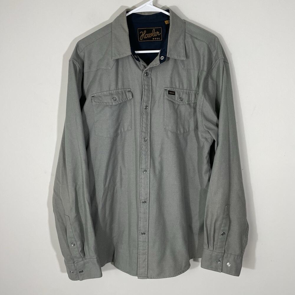 Howler Brothers Snap Shirt Men’s Size Large Solid Grey Twill Flannel Long Sleeve - Picture 3 of 4